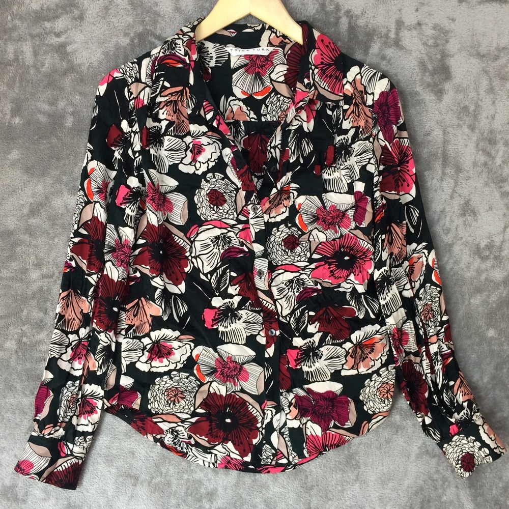 Trina Turk Silk Blouse Womens Small Split Sleeve Pink Floral